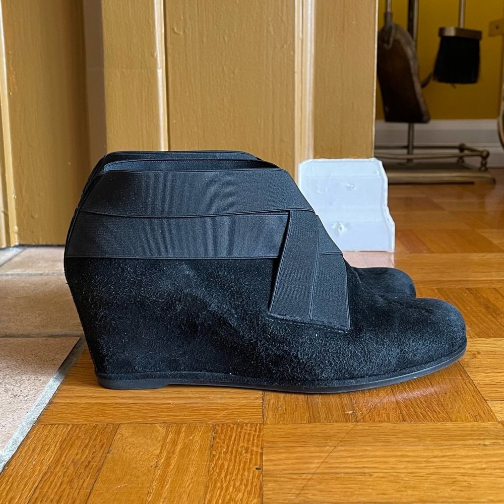 Stuart Weitzman Black Suede Wedge Booties “Be Happy Stretch”